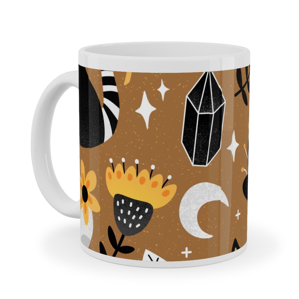 Black Cat & Floral Skull Ceramic Mug, White,  , 11oz, Brown