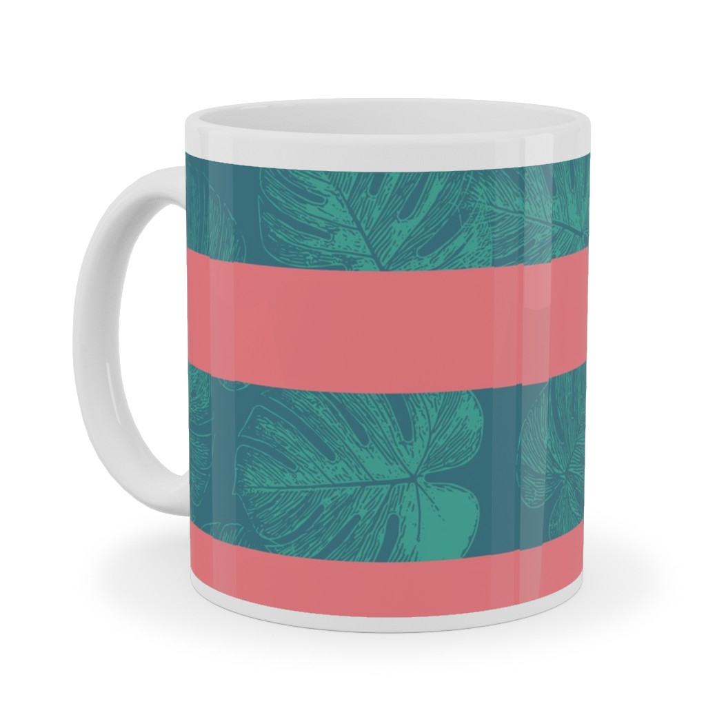 Monstera Leaf Stripes Ceramic Mug, White, , 11oz, Green, Classic Green
