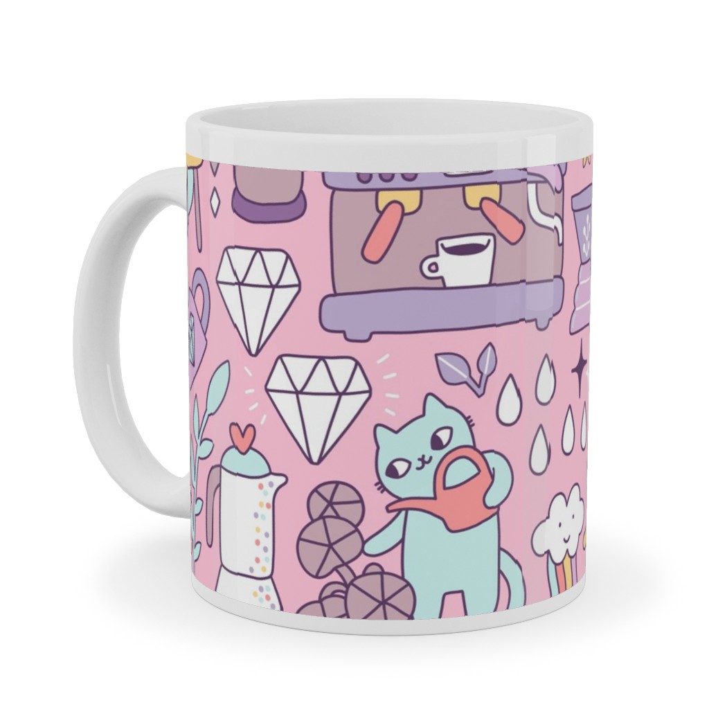 Cute Cats - Multicolor Pastel Ceramic Mug, White, , 11oz, Pink, Bright Pink