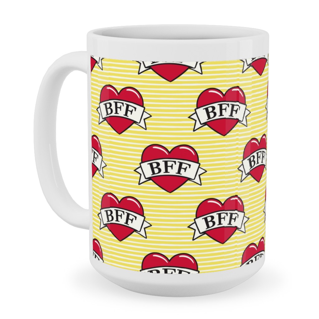 Bff Heart Tattoo Ceramic Mug, White, , 15oz, Yellow, Cream