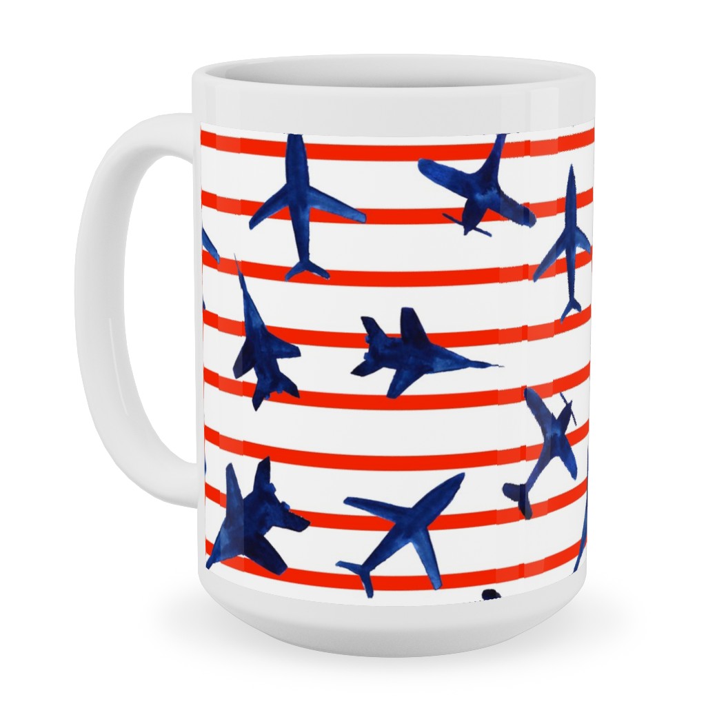 Patriotic Airplanes Watercolor - Blue With Red Stripes Ceramic Mug, White, , 15oz, Blue, True Blue