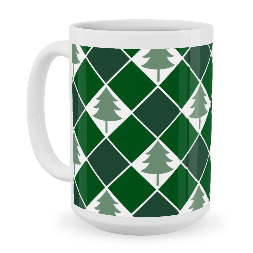 Christmas Tree Checkers - Green Ceramic Mug, White,  , 15oz, Green
