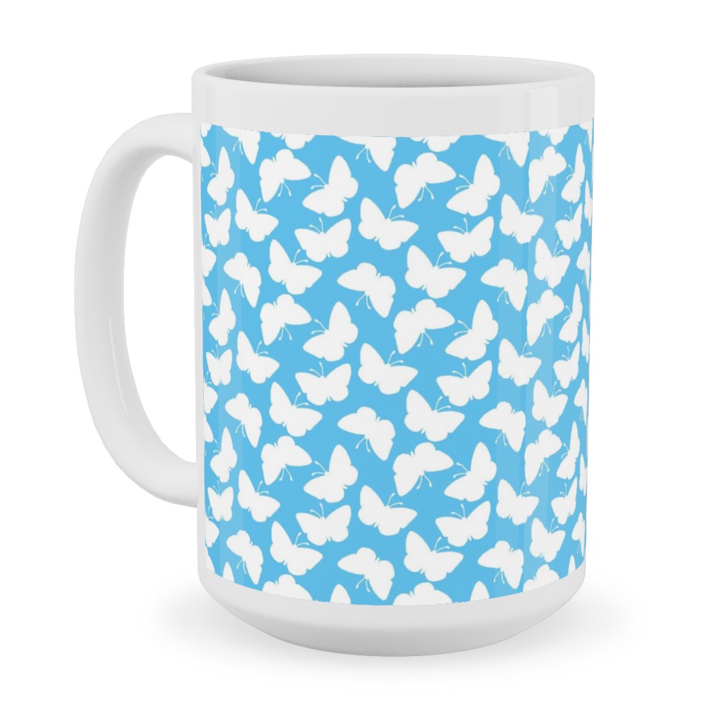 Butterflies - White on Blue Ceramic Mug, White, , 15oz, Blue, True Blue