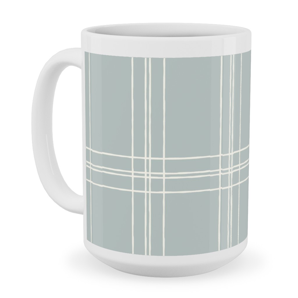 Lined Linens - Quad Plaid - Ivory, Blue Ceramic Mug, White,  , 15oz, Blue