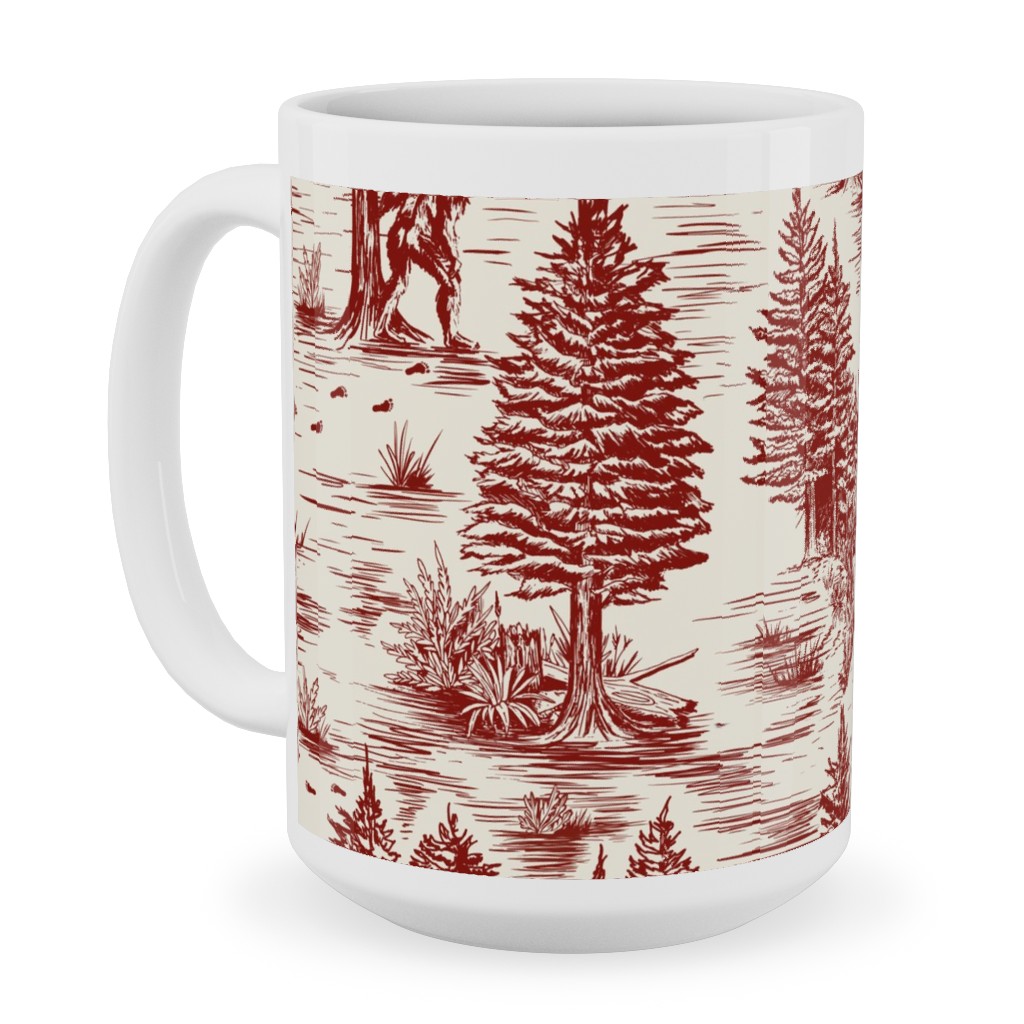 Bigfoot Sasquatch Toile De Jouy Ceramic Mug, White, , 15oz, Red, Rich Red