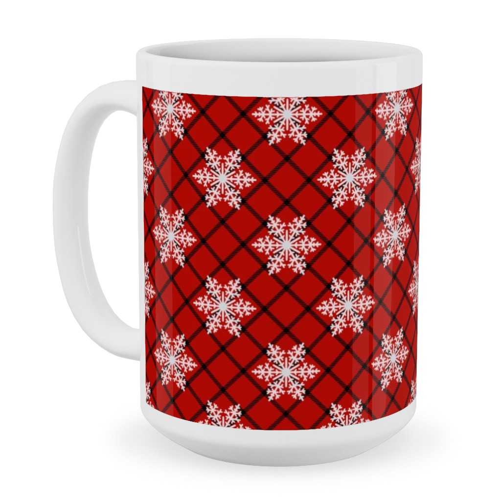 Snowy Winter Diagonal Checker Plaid - Red and Black Ceramic Mug, White, , 15oz, Red, Red