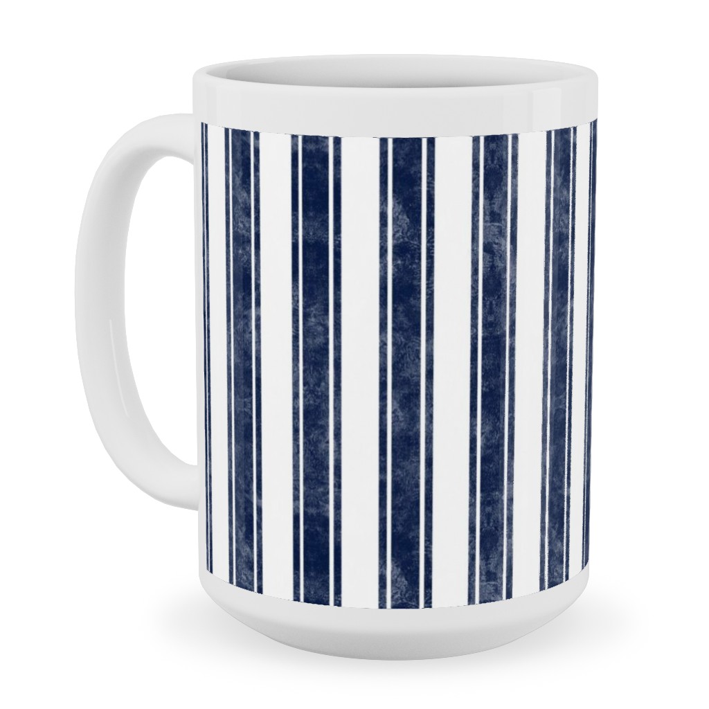 Vertical French Ticking Textured Pinstripes in Dark Midnight Navy and White Ceramic Mug, White,  , 15oz, Blue