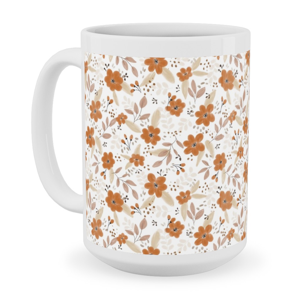 Fall Floral Ceramic Mug, White, , 15oz, Orange, Antique White
