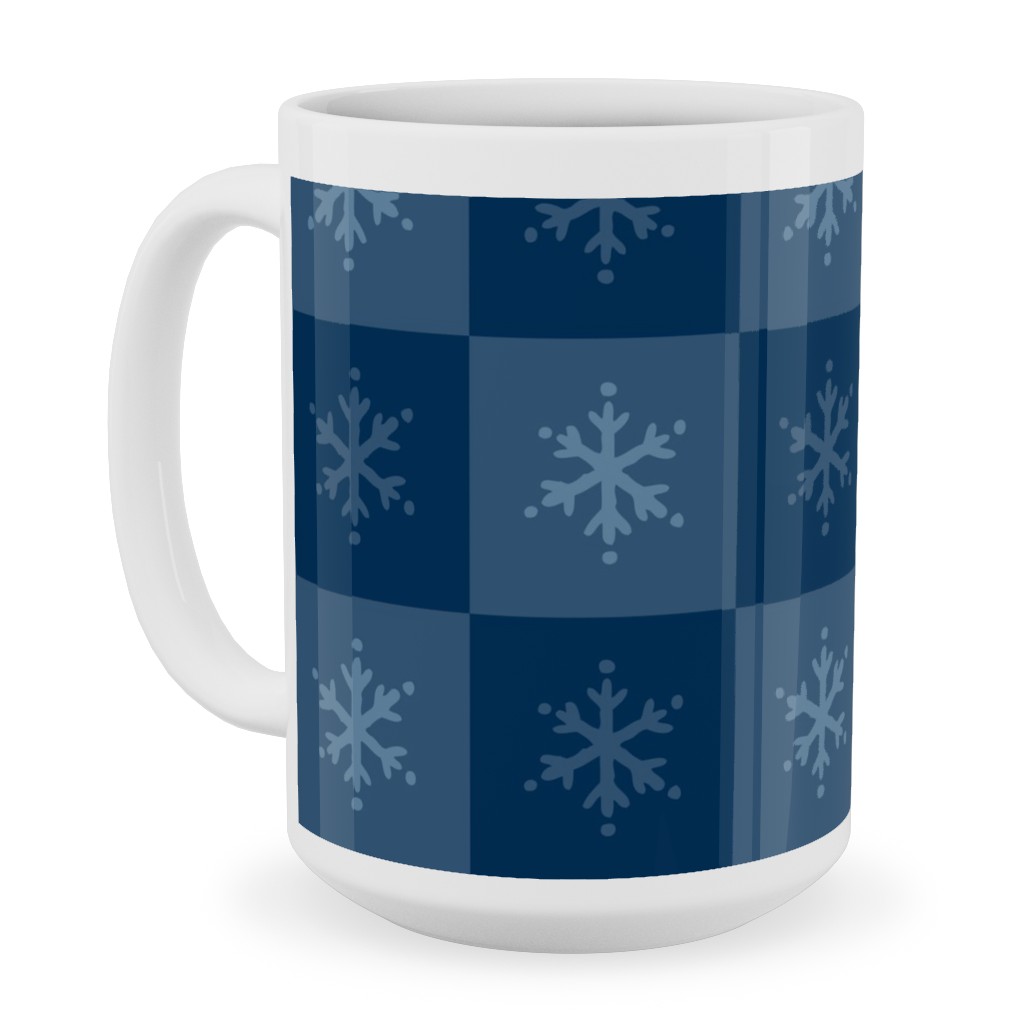 Scandi Cozy Winter Checkered Blue Snowflake Ceramic Mug, White, , 15oz, Blue, True Blue