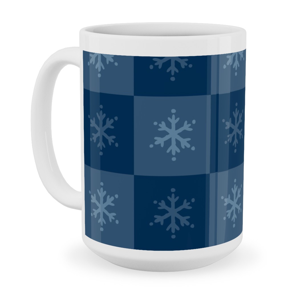 Scandi Cozy Winter Checkered Blue Snowflake Ceramic Mug, White,  , 15oz, Blue