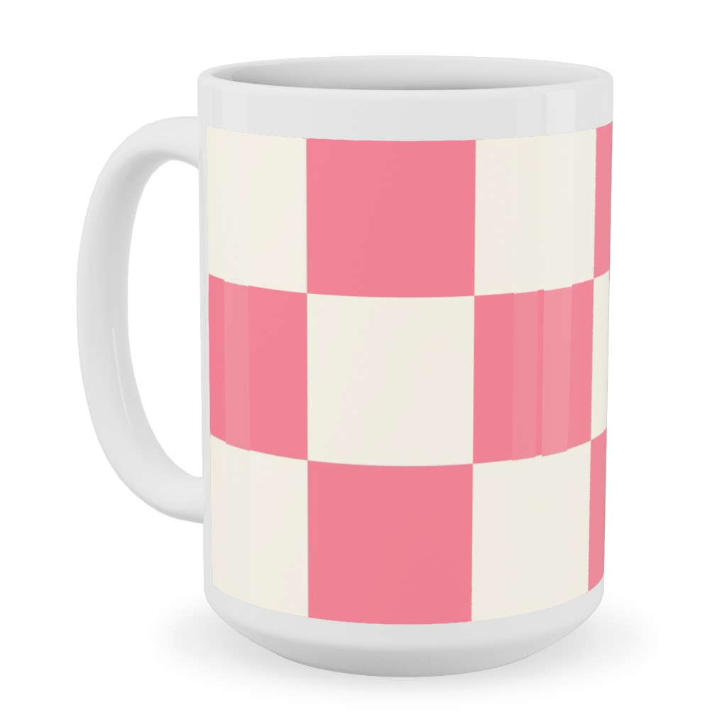 Checkered Pattern - Pink Ceramic Mug, White, , 15oz, Pink, Bright Pink