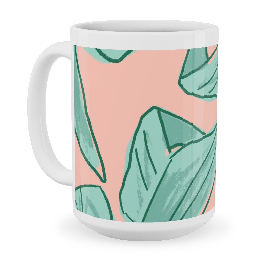 Lush Tropical Leaves - Pink and Mint Ceramic Mug, White, , 15oz, Green, Classic Green