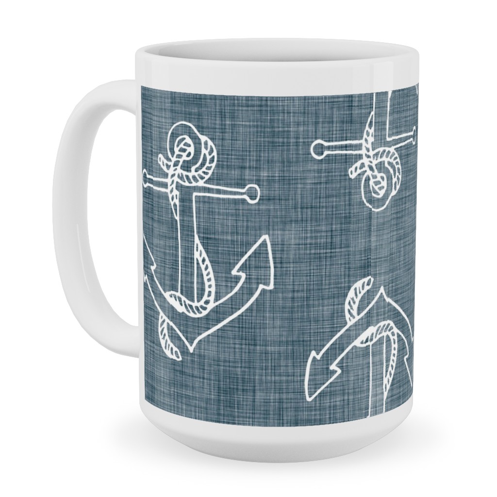 Anchors Away - Textured Blue Ceramic Mug, White,  , 15oz, Blue