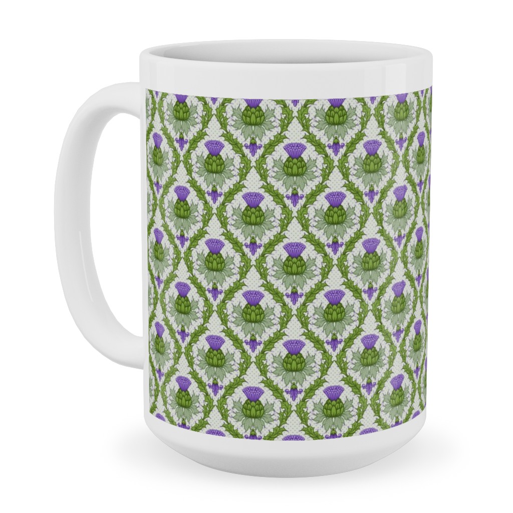 Thistle Damask - Green Ceramic Mug, White, , 15oz, Green, Classic Green