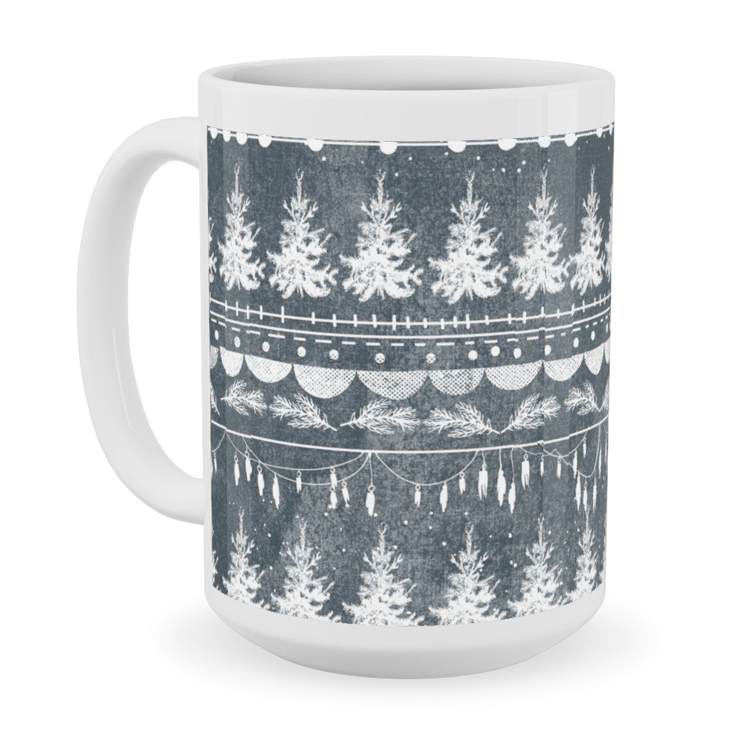 Vintage Christmas Stripe Ceramic Mug, White, , 15oz, Gray, Metal