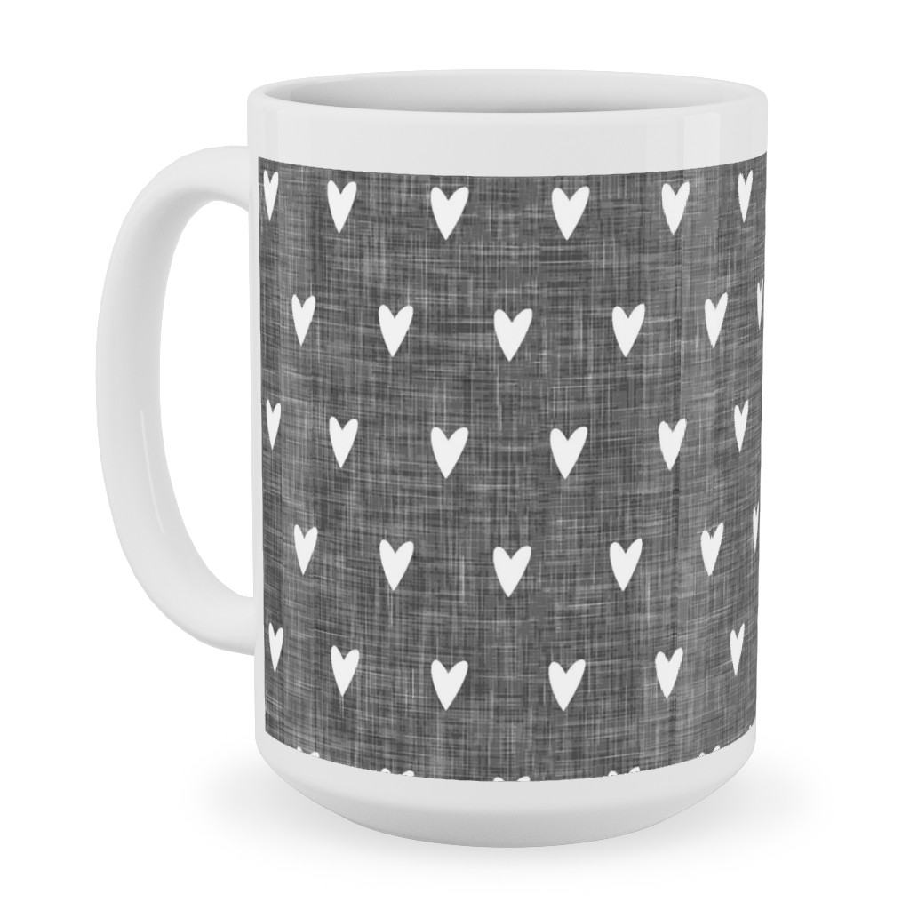Hearts on Grey Linen Ceramic Mug, White,  , 15oz, Gray