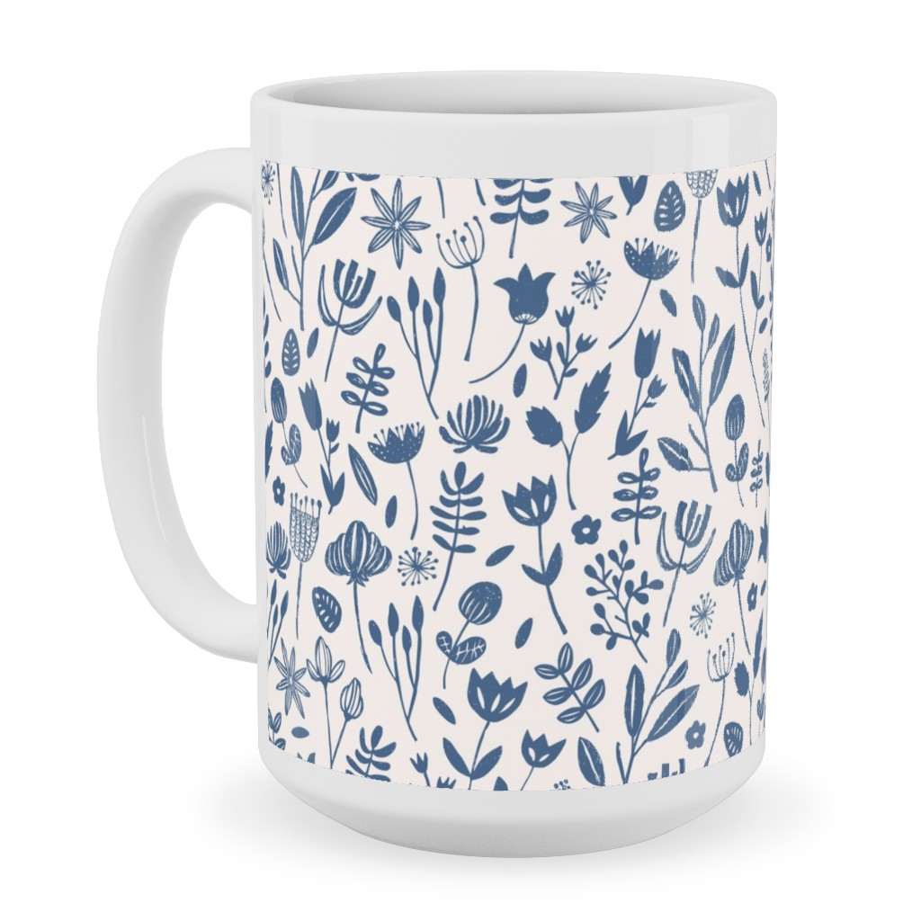 Folk Botanical Print - Blue Ceramic Mug, White, , 15oz, Blue, True Blue