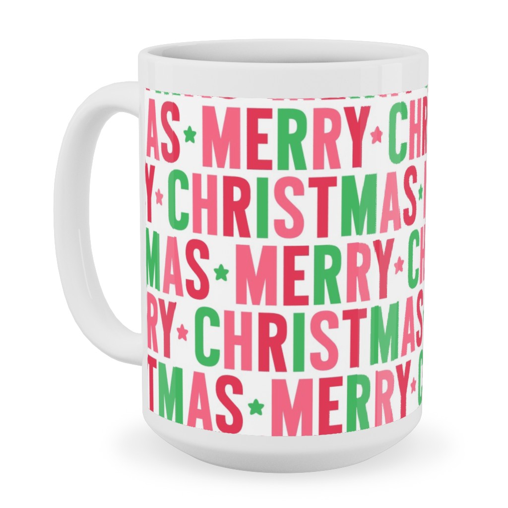 Merry Christmas Uppercase - Green, Pink, Red Ceramic Mug, White,  , 15oz, Multicolor