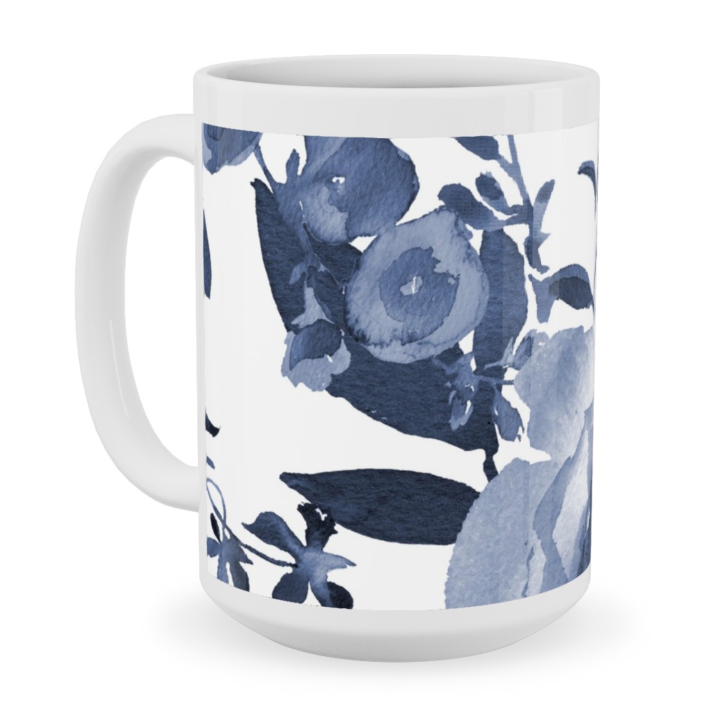 Blue and White Florals - Indigo Ceramic Mug, White, , 15oz, Blue, True Blue