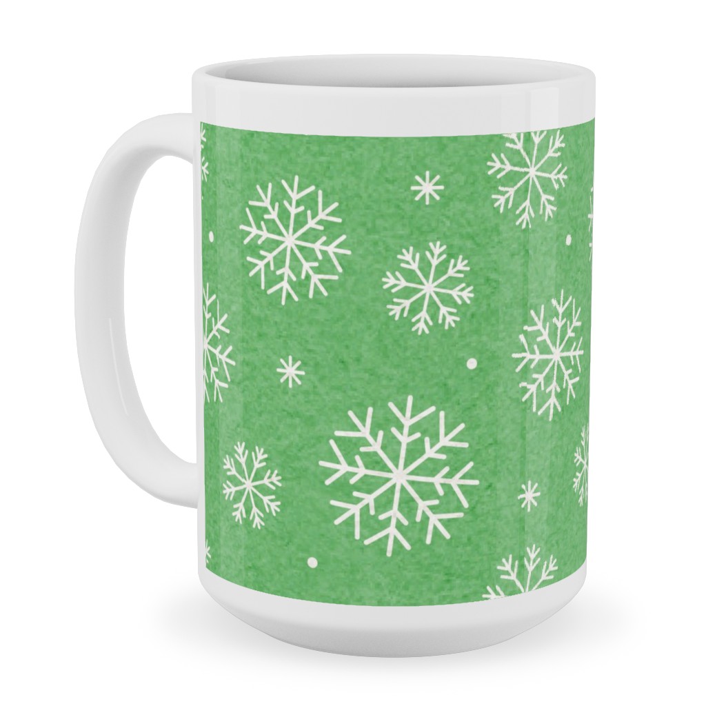 Snowflakes on Mottled Green Ceramic Mug, White, , 15oz, Green, Classic Green
