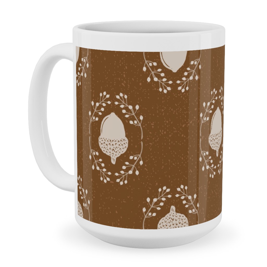 Autumn Acorn Rosehip Textured Damask Ceramic Mug, White,  , 15oz, Brown