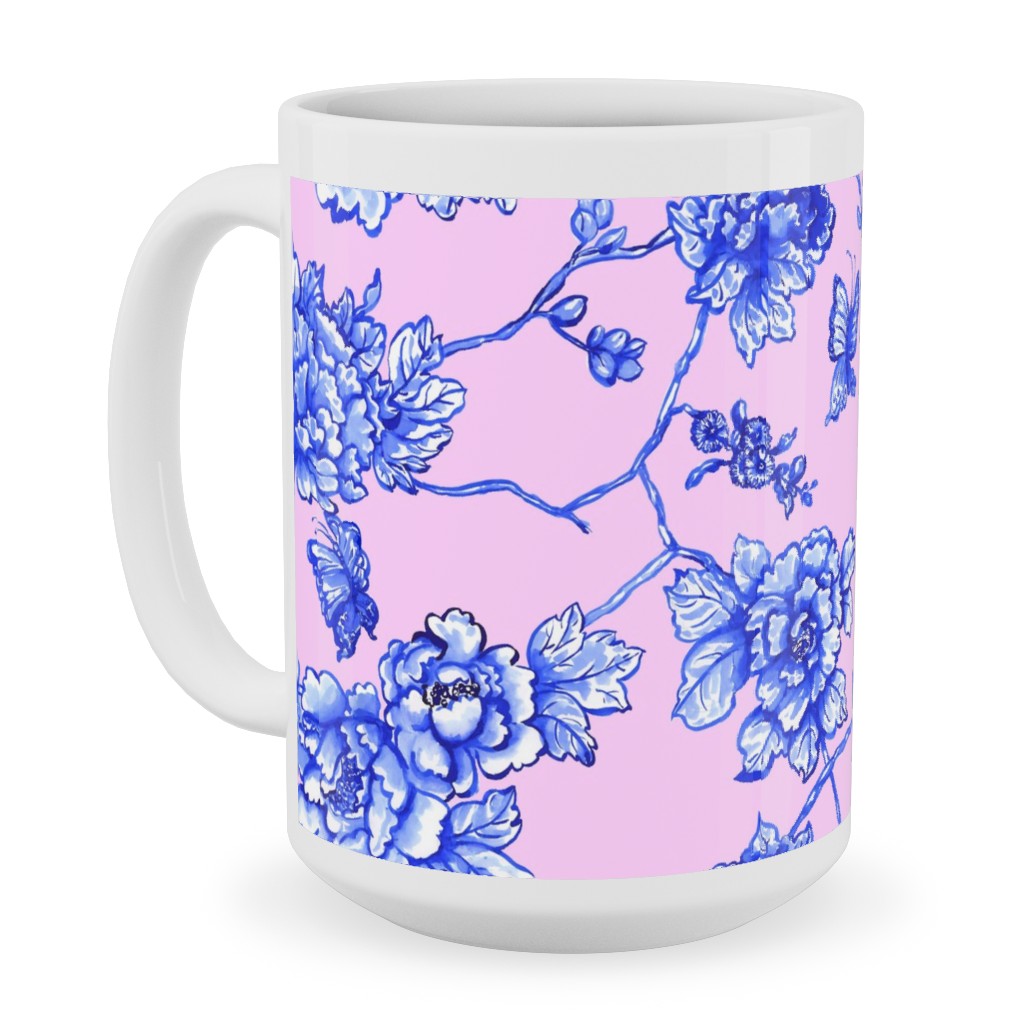 Chinoiserie Floral - Blush Ceramic Mug, White, , 15oz, Pink, Bright Pink