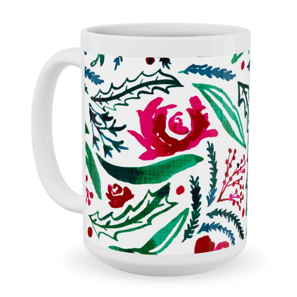Noel Collection - Loose Floral Ceramic Mug, White,  , 15oz, Multicolor