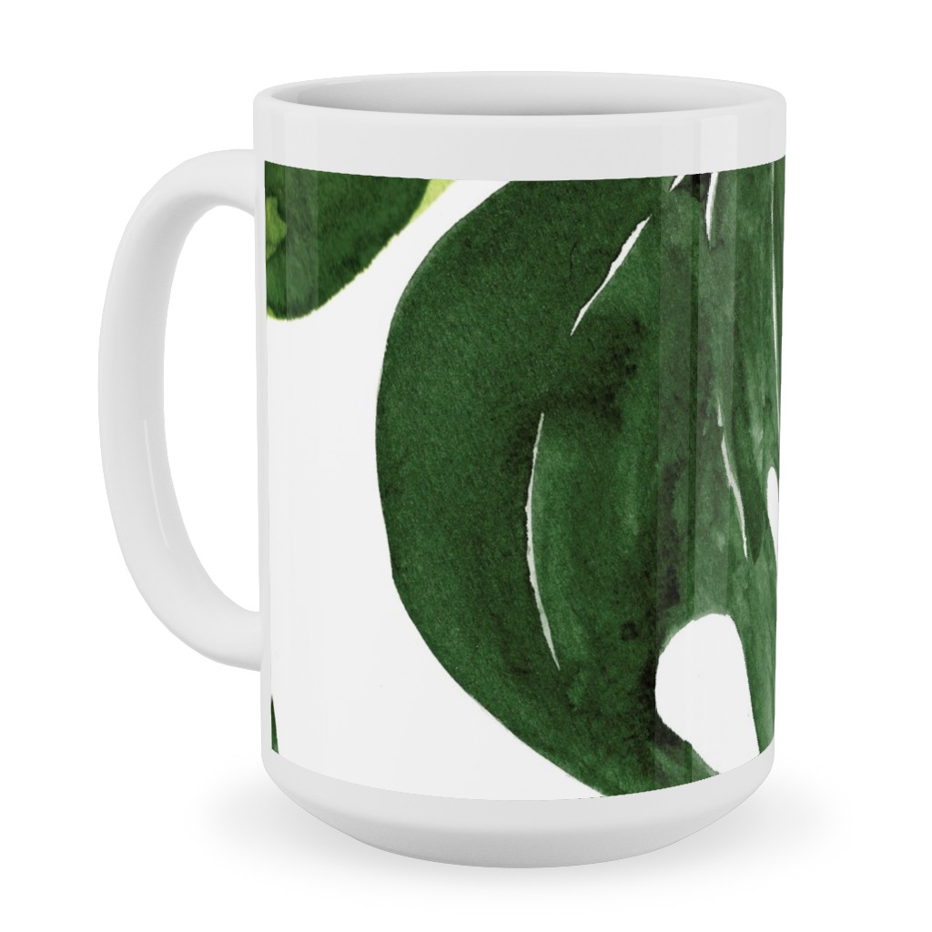 Monstera Tropical Leaves - Green Ceramic Mug, White, , 15oz, Green, Classic Green