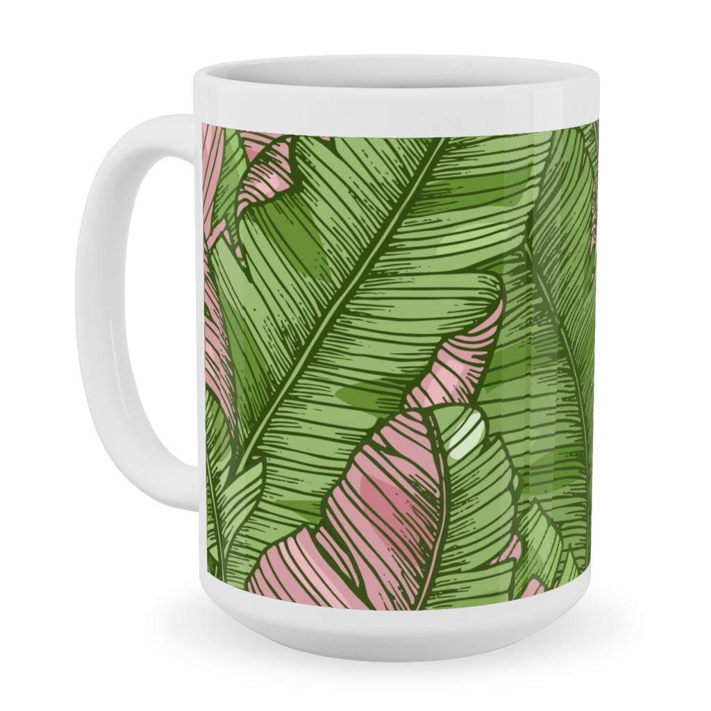 Banana Leaf - Pink Ceramic Mug, White,  , 15oz, Green