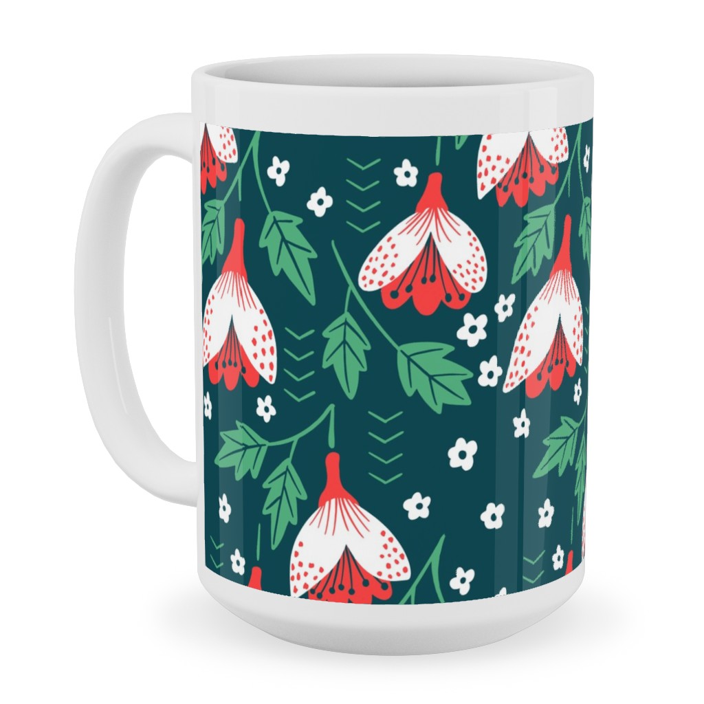 Christmas Flowers Ceramic Mug, White, , 15oz, Green, Classic Green