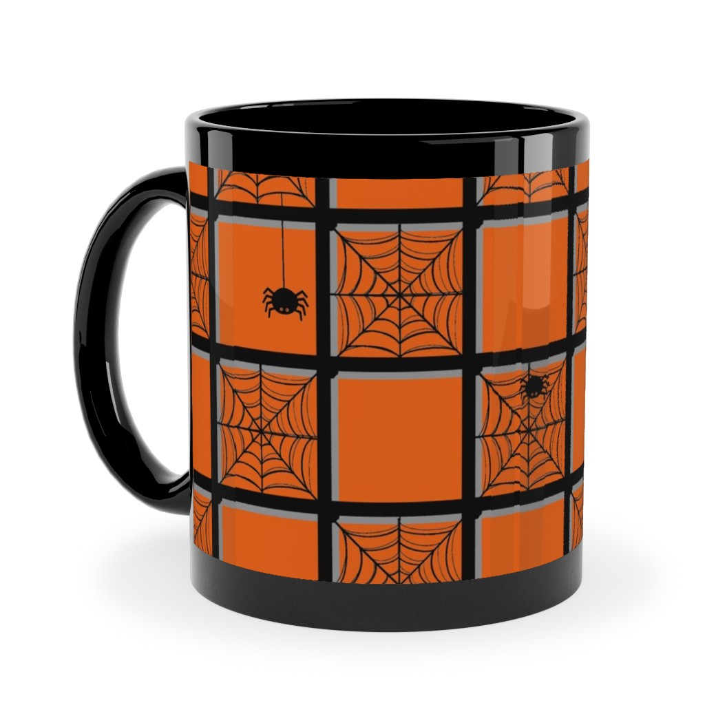 Orange Plaid Spider Webs Ceramic Mug, Black,  , 11oz, Orange