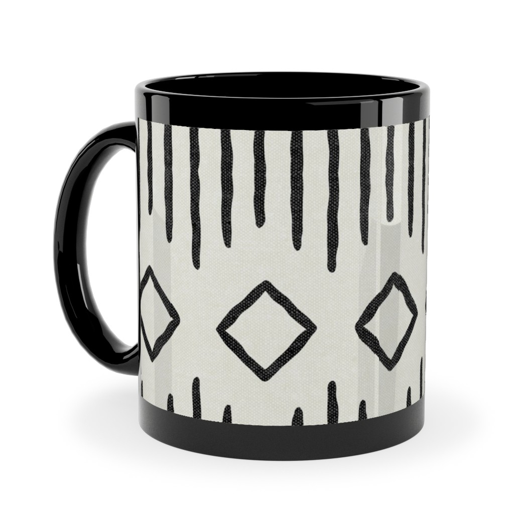 Diamond Fall - Mud Cloth - Onyx on Bone - Mudcloth Farmhouse Tribal - Lad19bs Ceramic Mug, Black, , 11oz, Beige, Pearl