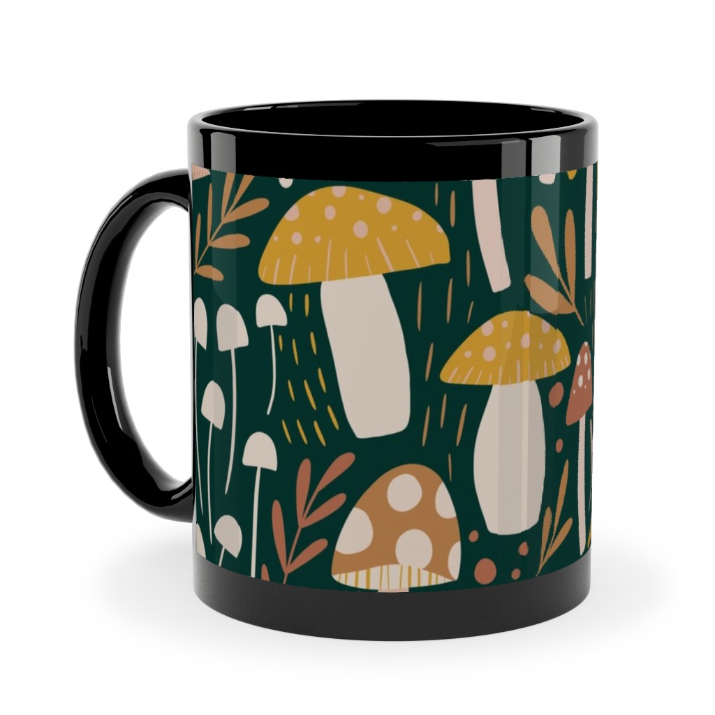 Woodland Mushroom Meadow - Green Ceramic Mug, Black,  , 11oz, Green