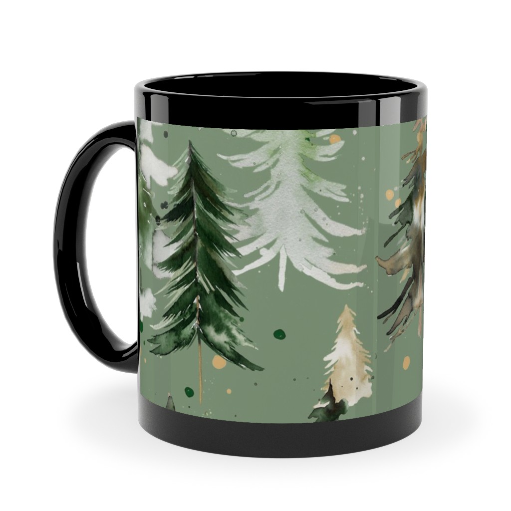Watercolor Pines and Spruces Christmas - Green Ceramic Mug, Black, , 11oz, Green, Classic Green