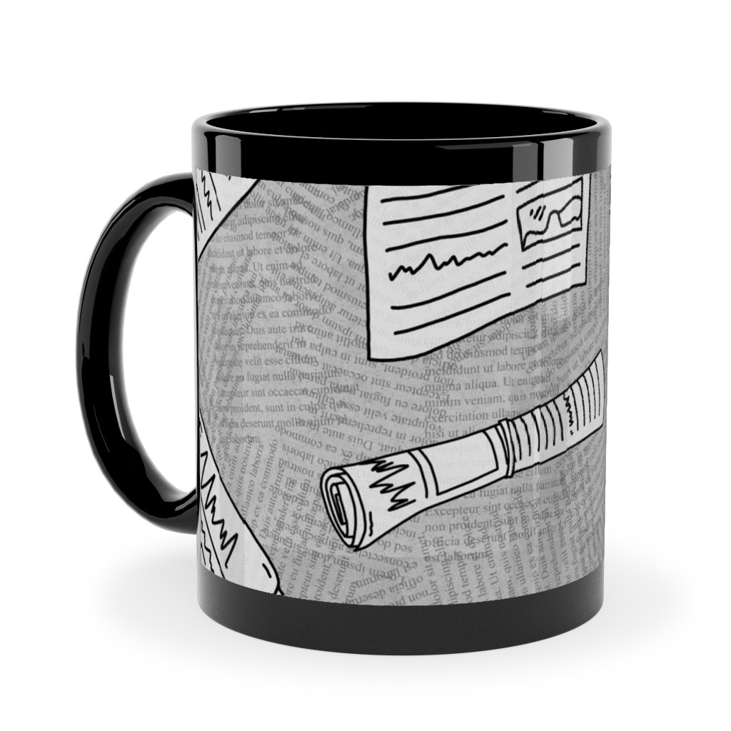 Newsprint Ceramic Mug, Black, , 11oz, Gray, Silver