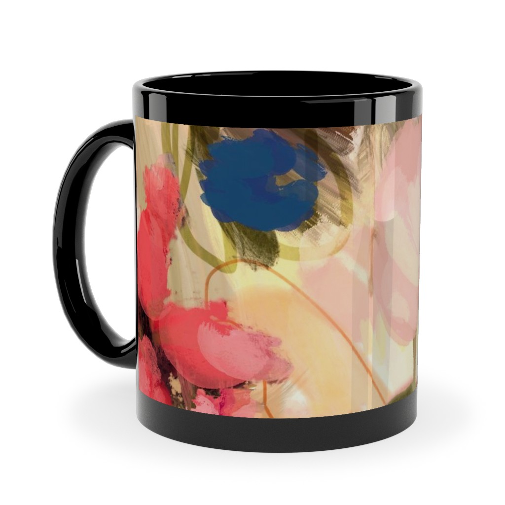 Painterly Abstract Floral Ceramic Mug, Black, , 11oz, Pink, Bright Pink