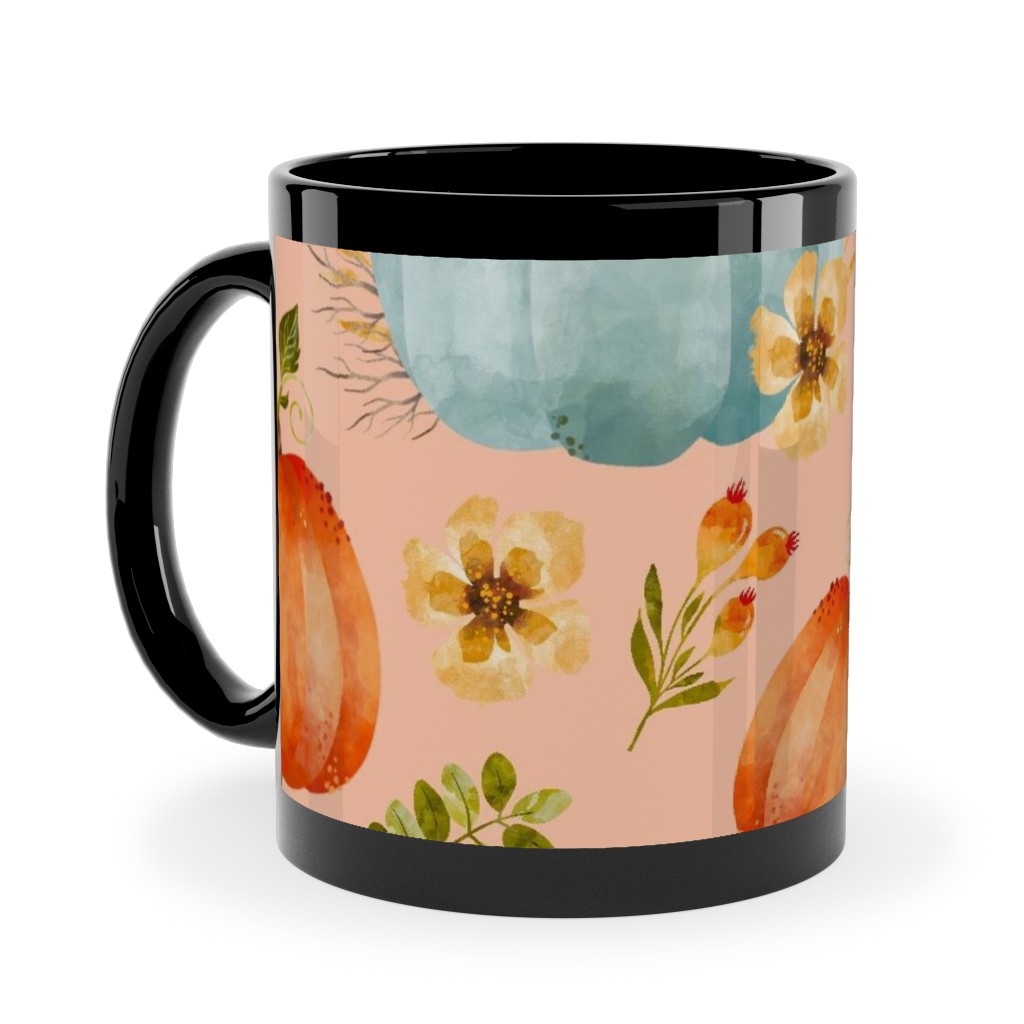 Rustic Farmhouse Pumpkins on Pale Peach Ceramic Mug, Black, , 11oz, Orange, Orange