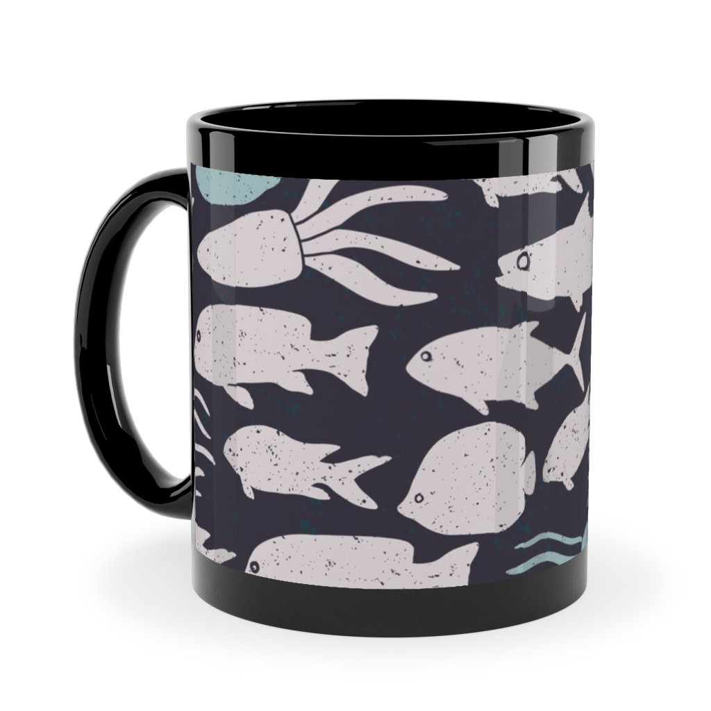 Fish School in Gray Aqua Dark Background Ceramic Mug, Black, , 11oz, Blue, True Blue