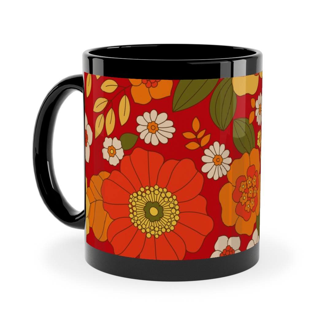 Vintage Flora - Red Ceramic Mug, Black,  , 11oz, Orange