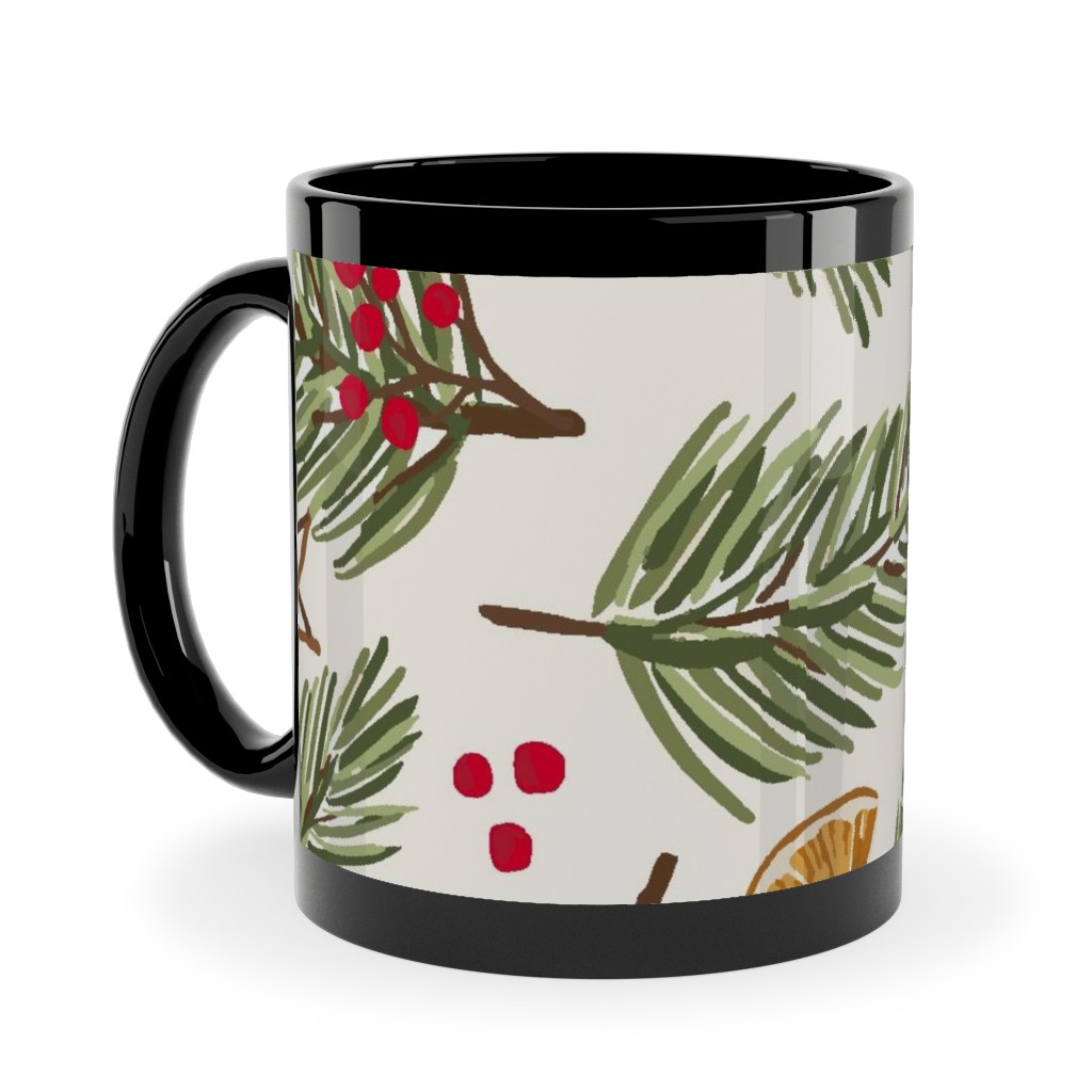 Festive Christmas Pine Sprigs and Orange Slices Ceramic Mug, Black,  , 11oz, Multicolor