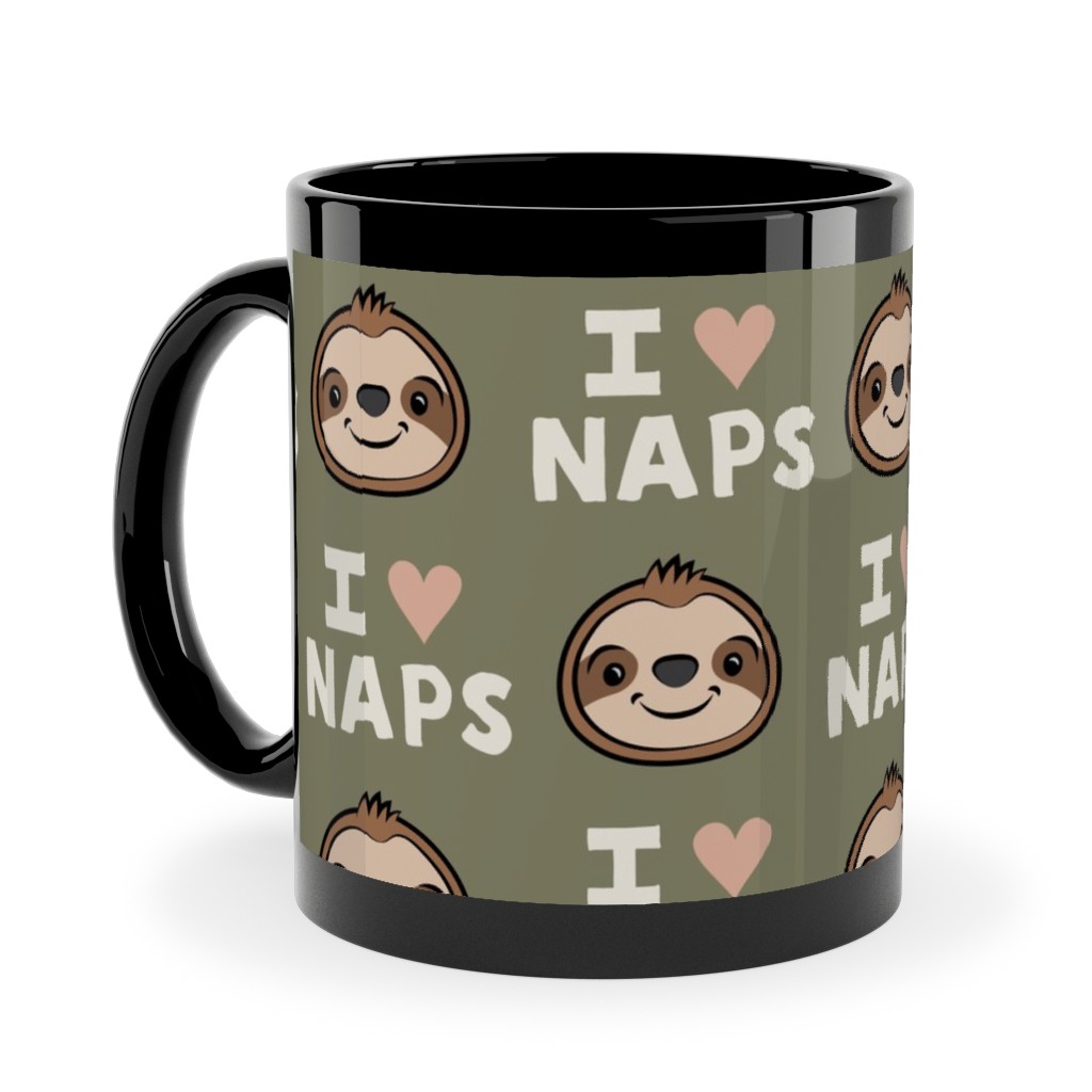 I Heart Naps - Cute Sloths - Olive Green Ceramic Mug, Black, , 11oz, Green, Classic Green