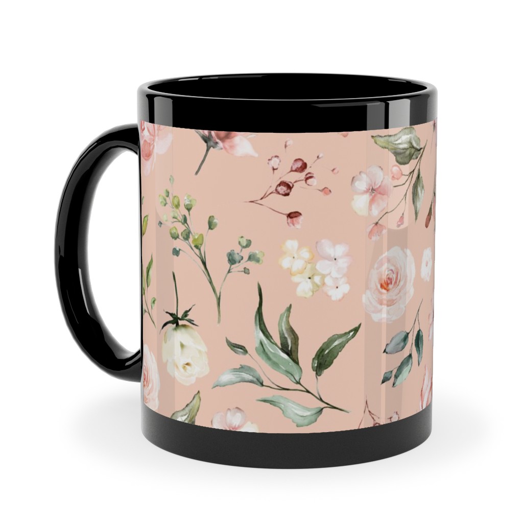 Celestial Rose Floral - Blush Ceramic Mug, Black, , 11oz, Pink, Bright Pink