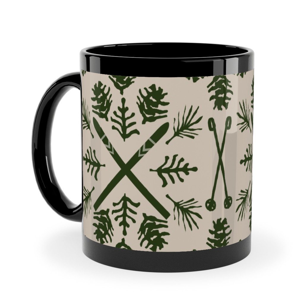 Winter Ski Season - Pine and Tan Ceramic Mug, Black,  , 11oz, Green