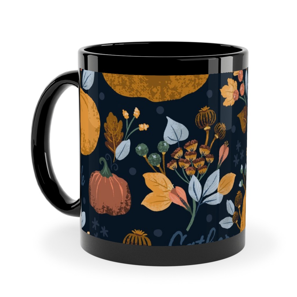 Smaller Scale Elegant Navy Fall Floral - Harvest Gratitude + Cozy Petal Solids Ceramic Mug, Black,  , 11oz, Orange