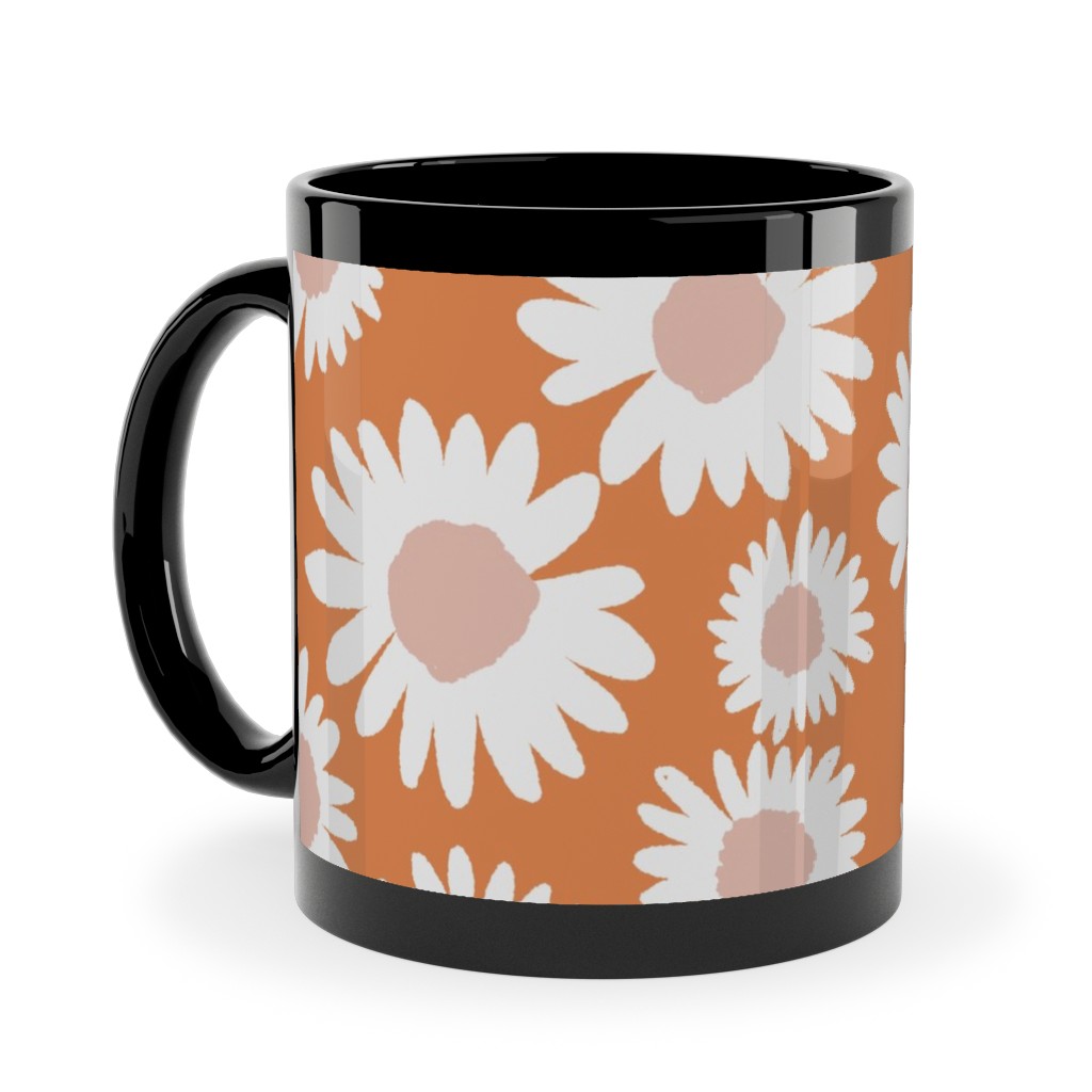 Boho Daisies - Flowers - Muted Orange and Blush Ceramic Mug, Black, , 11oz, Orange, Orange