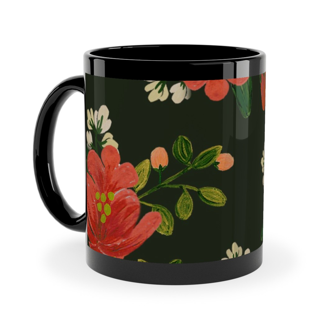 Holiday Floral Ceramic Mug, Black, , 11oz, Green, Classic Green