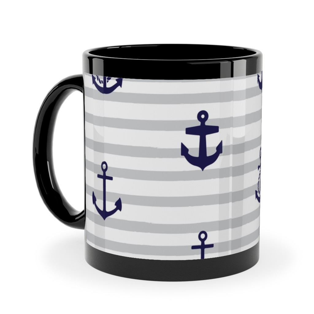 Anchors Away - Black on Gray Stripes Ceramic Mug, Black, , 11oz, Gray, Gray