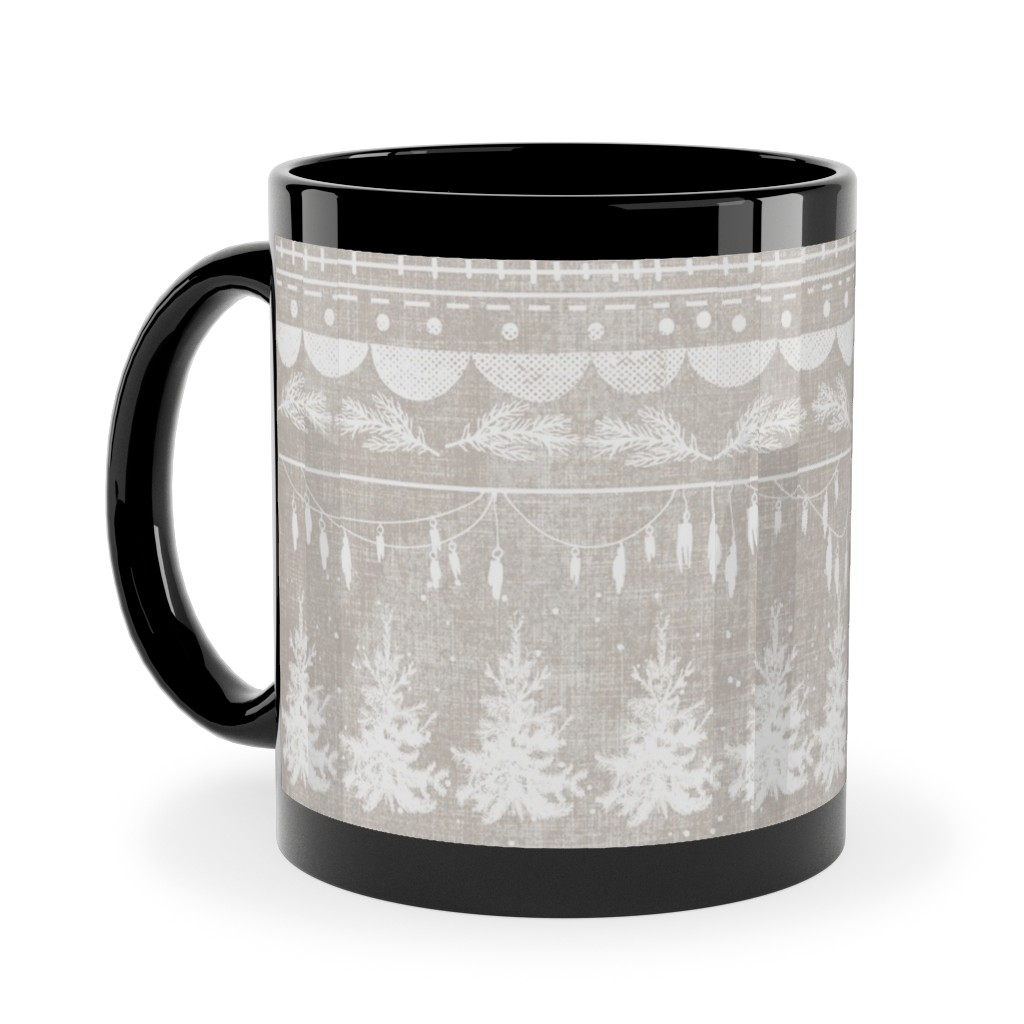 Vintage Christmas Stripe Ceramic Mug, Black, , 11oz, Gray, Pebble