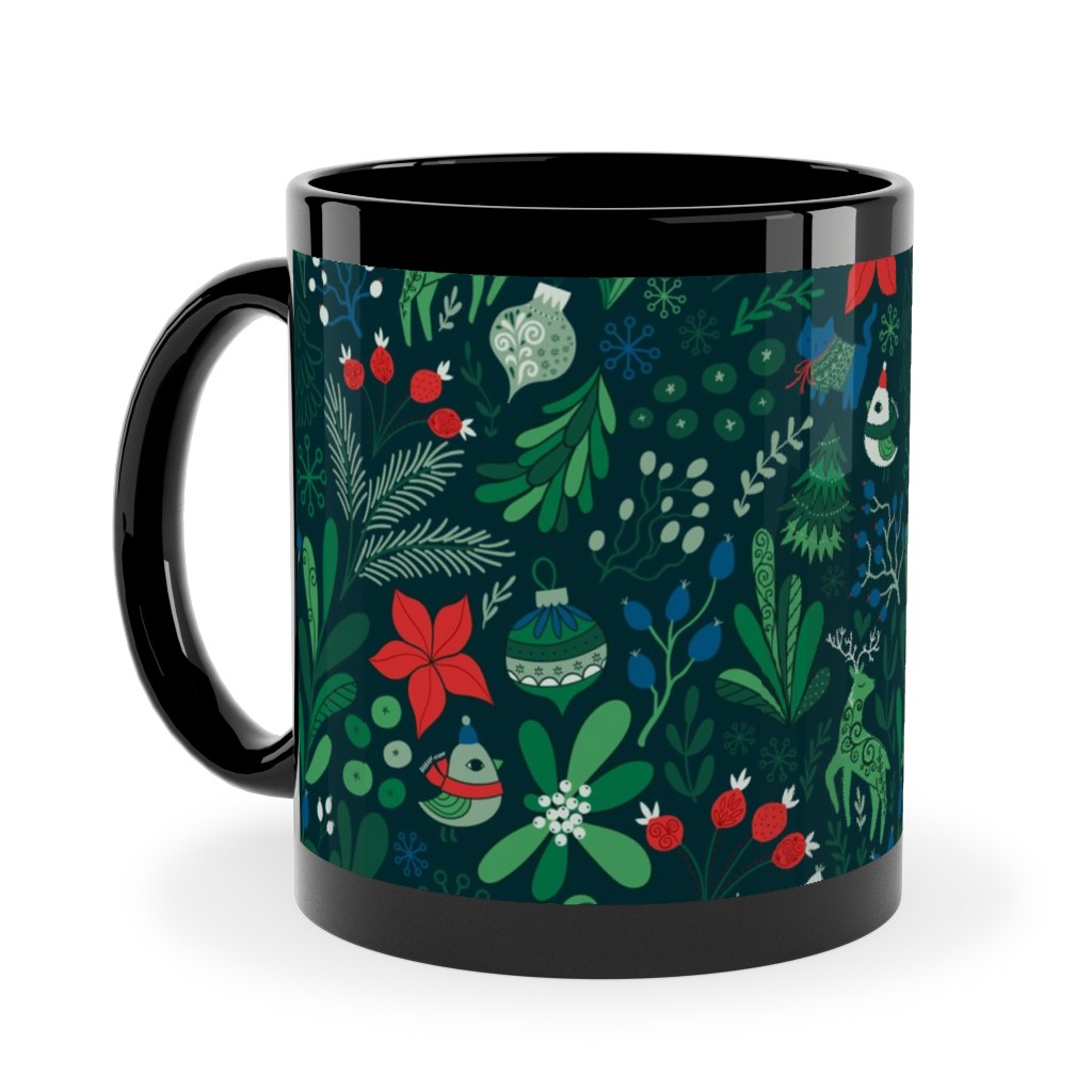 Merry Christmas Floral - Dark Ceramic Mug, Black,  , 11oz, Green