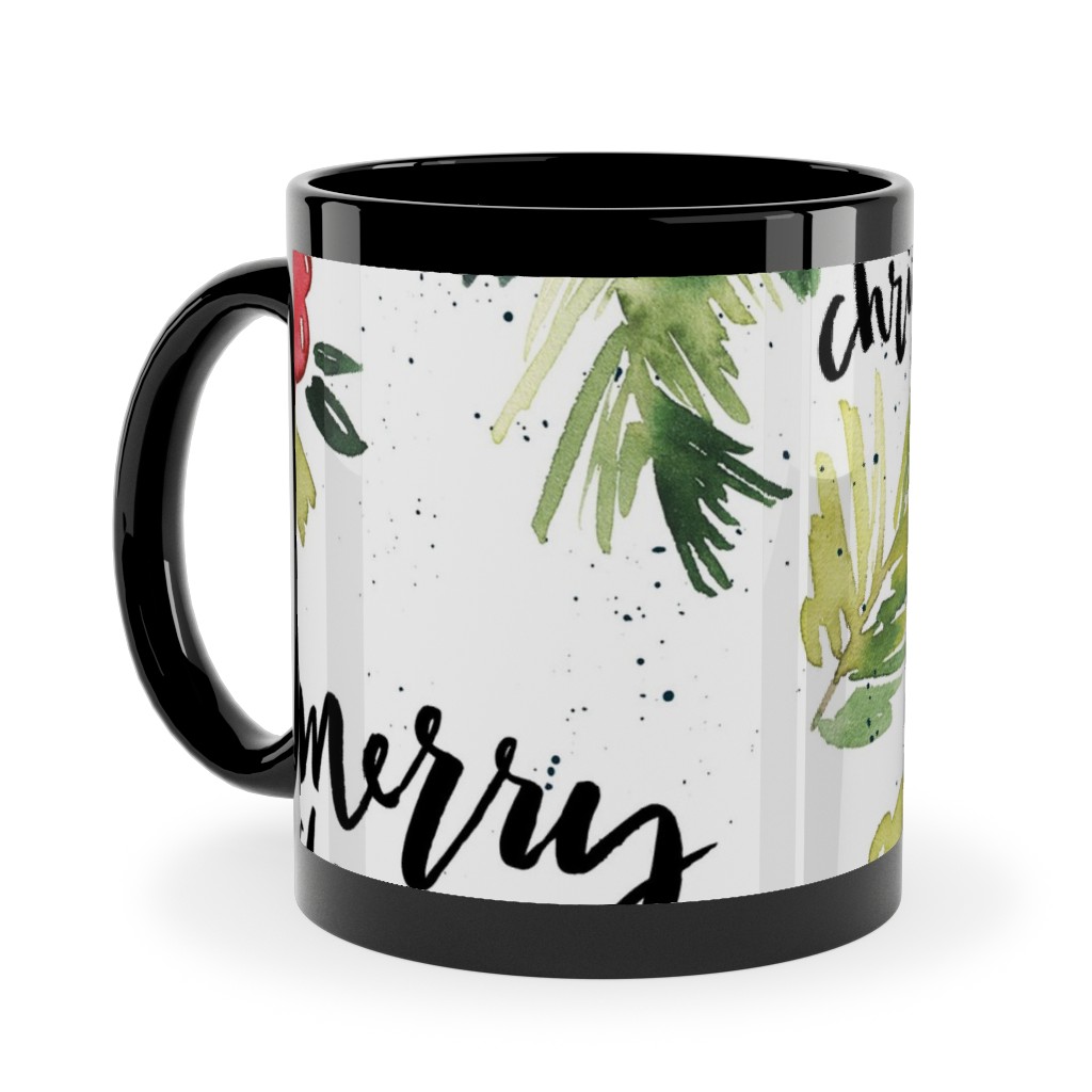 Merry Christmas Red Berry Holly Ceramic Mug, Black, , 11oz, White, White
